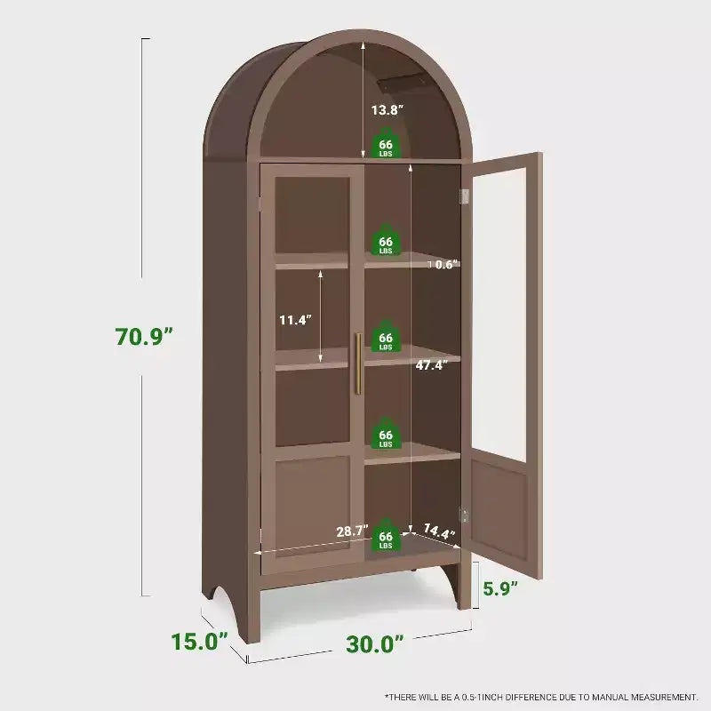 Mobile Alto in Legno da 71", Mobiletto ad Arco con 2 Ante e Ripiani per Soggiorno