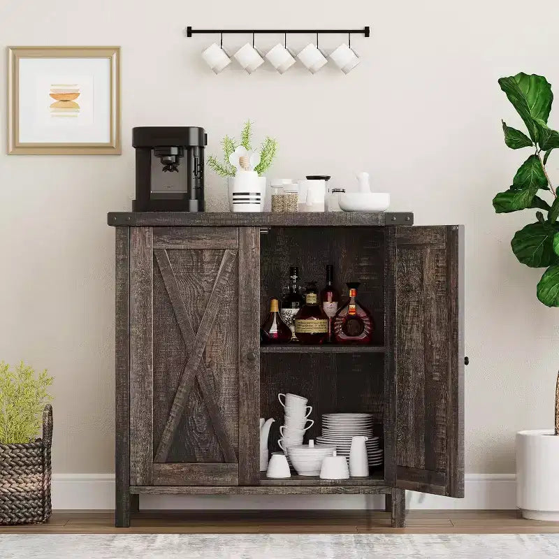 Credenza da Buffet, Mobile Contenitore da 60 con 2 Armadietti e Ripiano Aperto, Credenza Console per Soggiorno, Sala da Pranzo, Corridoio