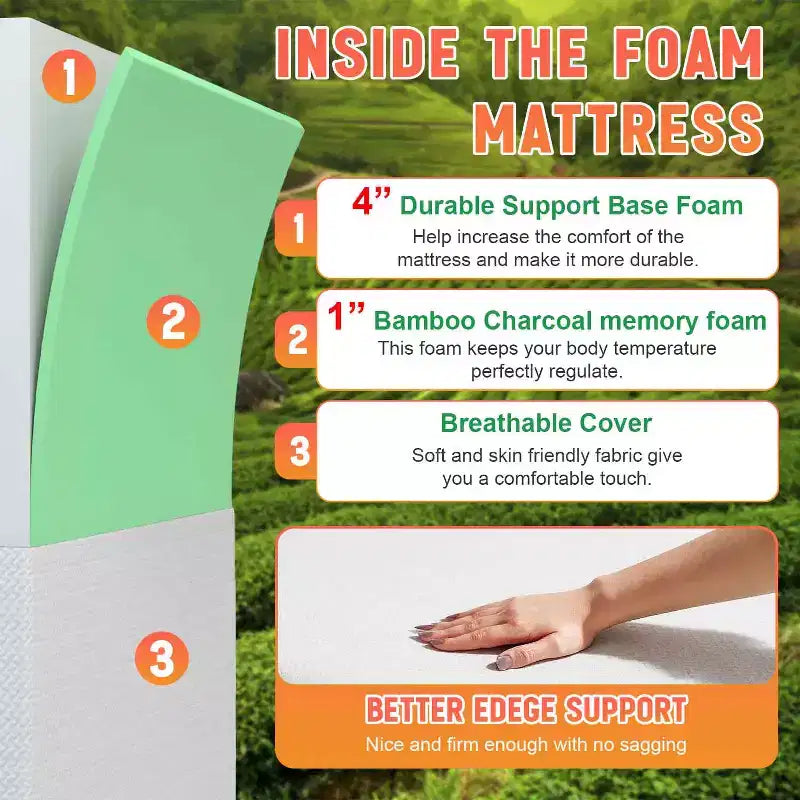 Materasso in Memory Foam al Carbone di Bambù da 5 Pollici, Rigidità Media, Certificazione CertiPUR-US