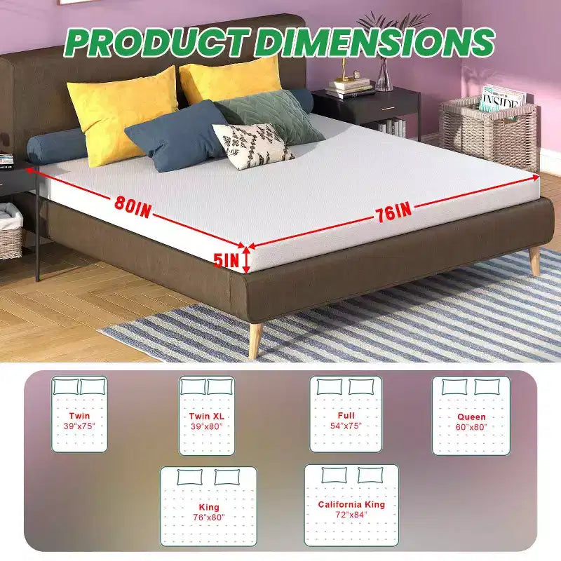 Materasso in Memory Foam al Carbone di Bambù da 5 Pollici, Rigidità Media, Certificazione CertiPUR-US