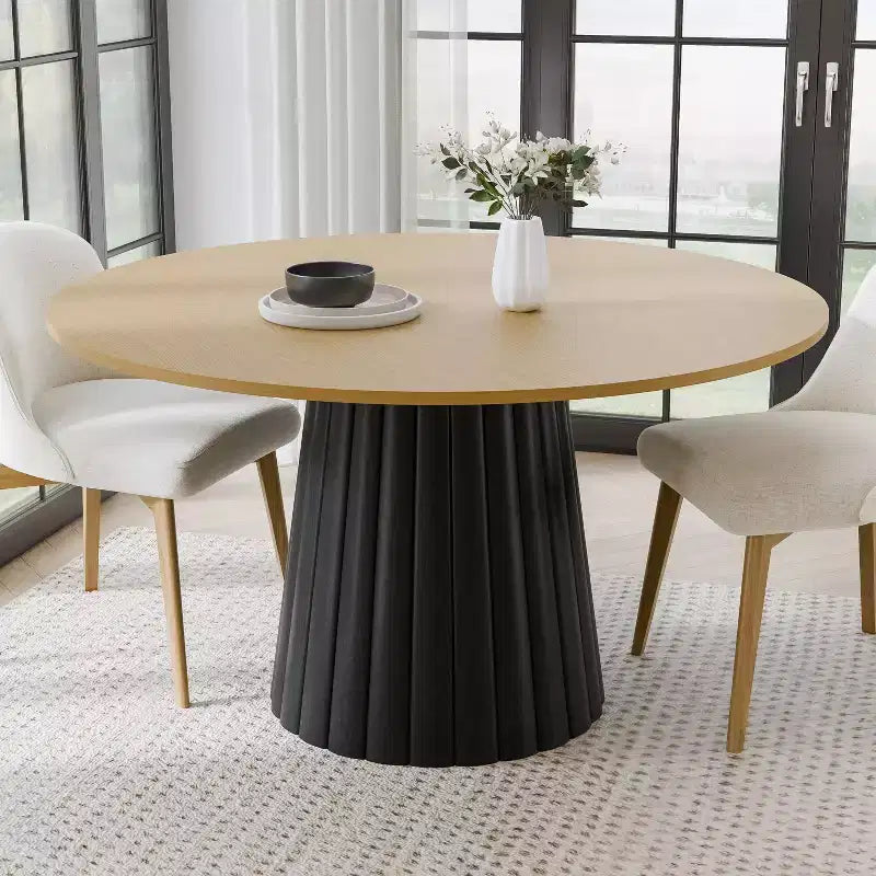 Tavolo da pranzo rotondo da 52 in legno massello, Tavolo da cucina per 4-6 persone con piano e base affusolata testurizzata per soggiorno/sala da pranzo, caffè, ufficio, naturale