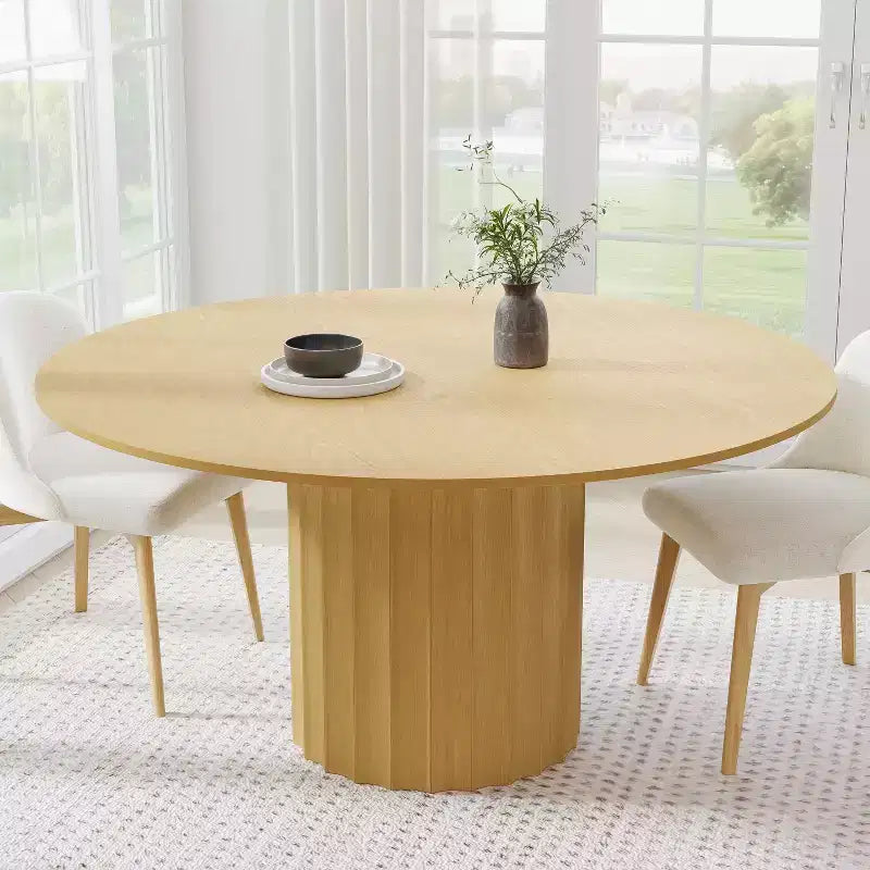 Tavolo da pranzo rotondo in legno massello da 60 pollici per 6-8 persone, tavolo da cucina con piano e base cilindrica scanalata per soggiorno/sala da pranzo, ufficio, colore naturale