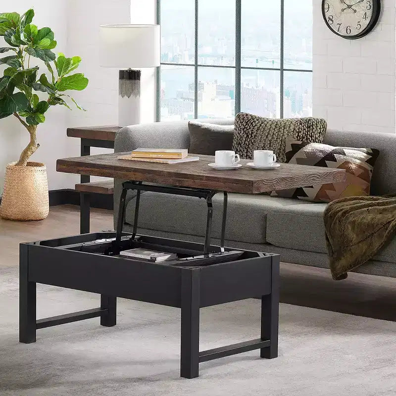 Tavolino da caffè Pomona da 42": Contenitore rustico con piano a sollevamento, legno di pino anticato, stile industriale, struttura nera
