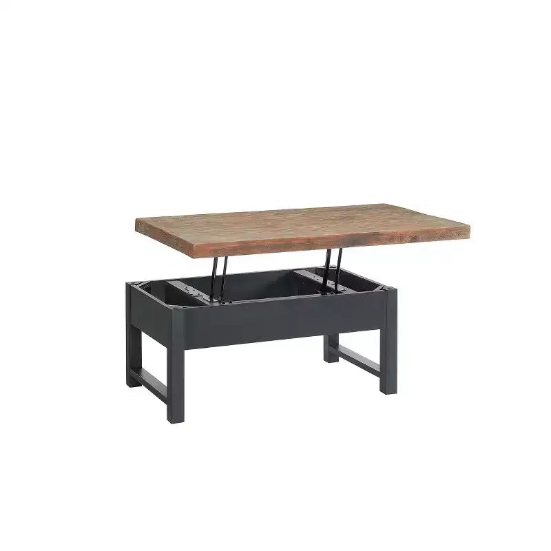 Tavolino da caffè Pomona da 42": Contenitore rustico con piano a sollevamento, legno di pino anticato, stile industriale, struttura nera