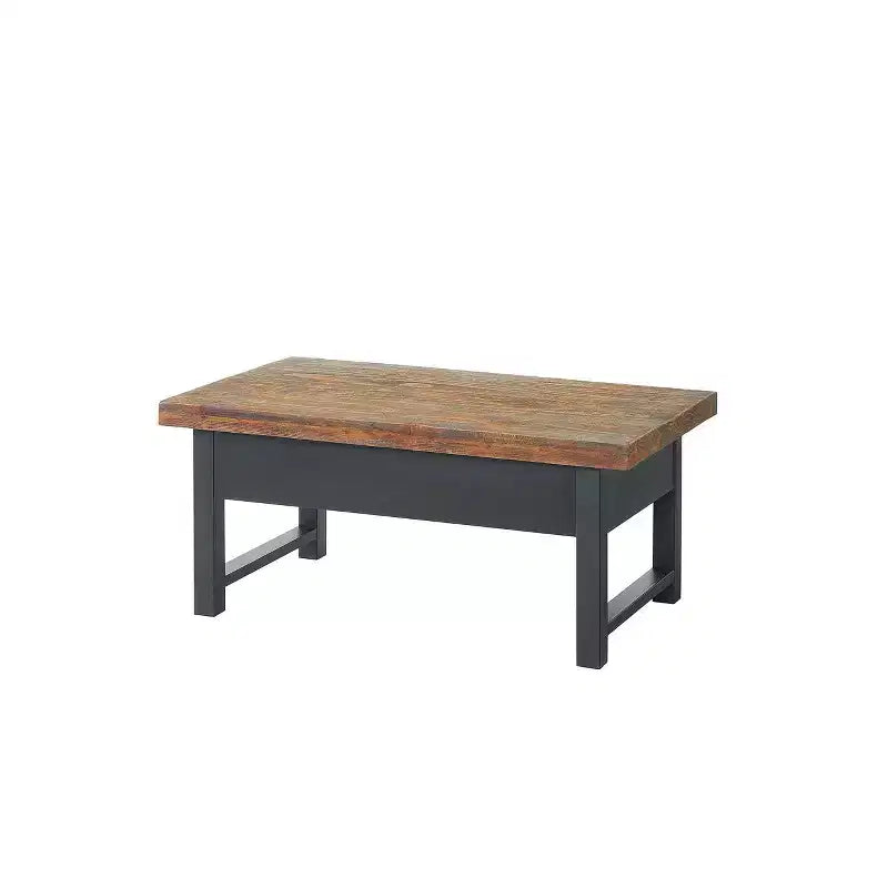 Tavolino da caffè Pomona da 42": Contenitore rustico con piano a sollevamento, legno di pino anticato, stile industriale, struttura nera