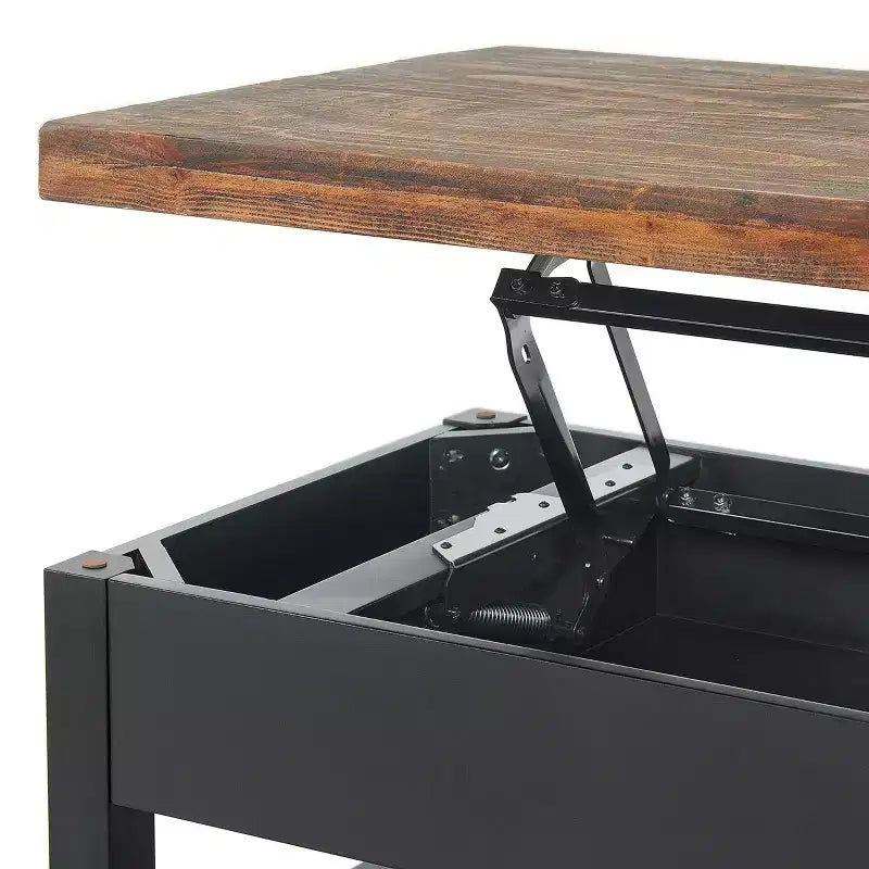 Tavolino da caffè Pomona da 42": Contenitore rustico con piano a sollevamento, legno di pino anticato, stile industriale, struttura nera