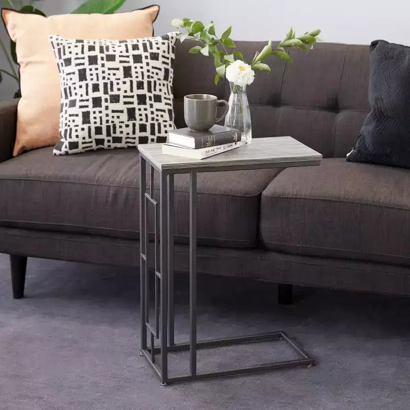 Tavolino d'appoggio contemporaneo in ferro e legno grigio chiaro, da divano, tavolino a C alto 66 cm