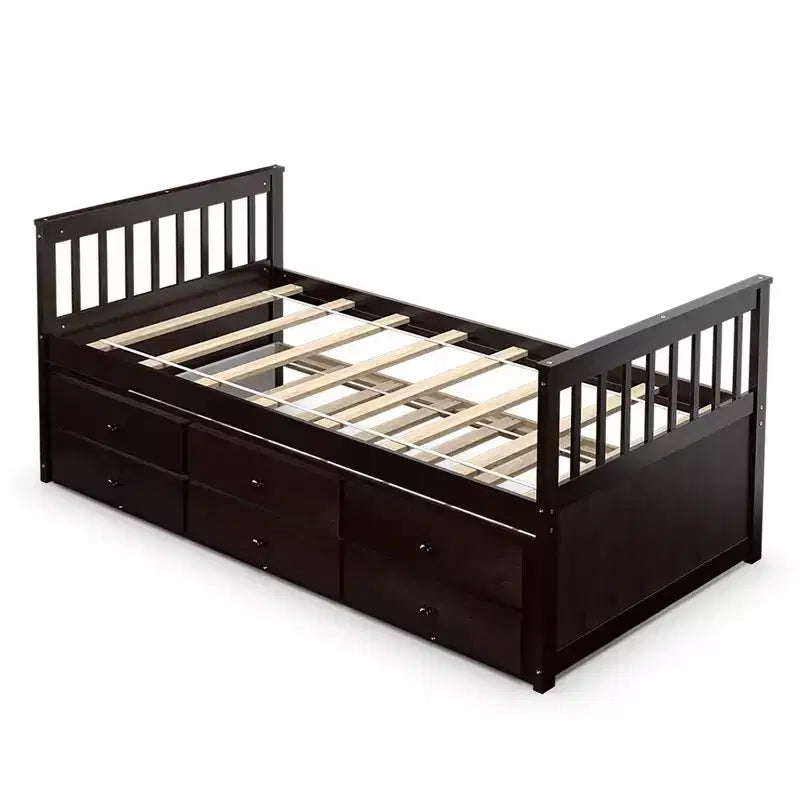 Letto a castello "Twin Captain" con rotelle e cassetti per bambini, disponibile nei colori noce, espresso e bianco.