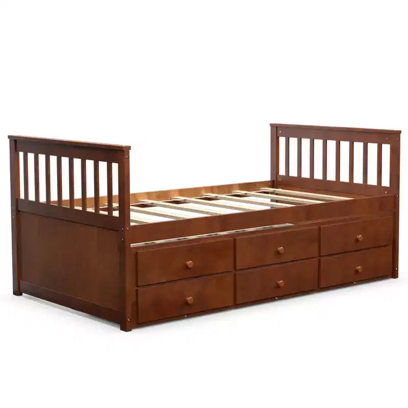 Letto a castello "Twin Captain" con rotelle e cassetti per bambini, disponibile nei colori noce, espresso e bianco.