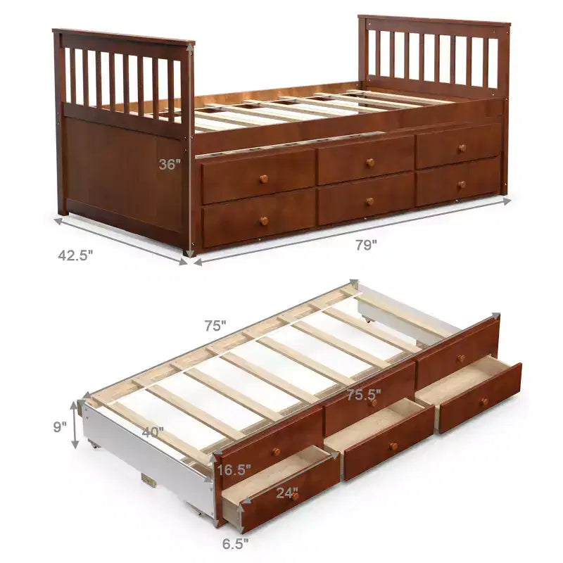 Letto a castello "Twin Captain" con rotelle e cassetti per bambini, disponibile nei colori noce, espresso e bianco.