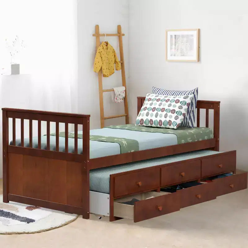 Letto a castello "Twin Captain" con rotelle e cassetti per bambini, disponibile nei colori noce, espresso e bianco.
