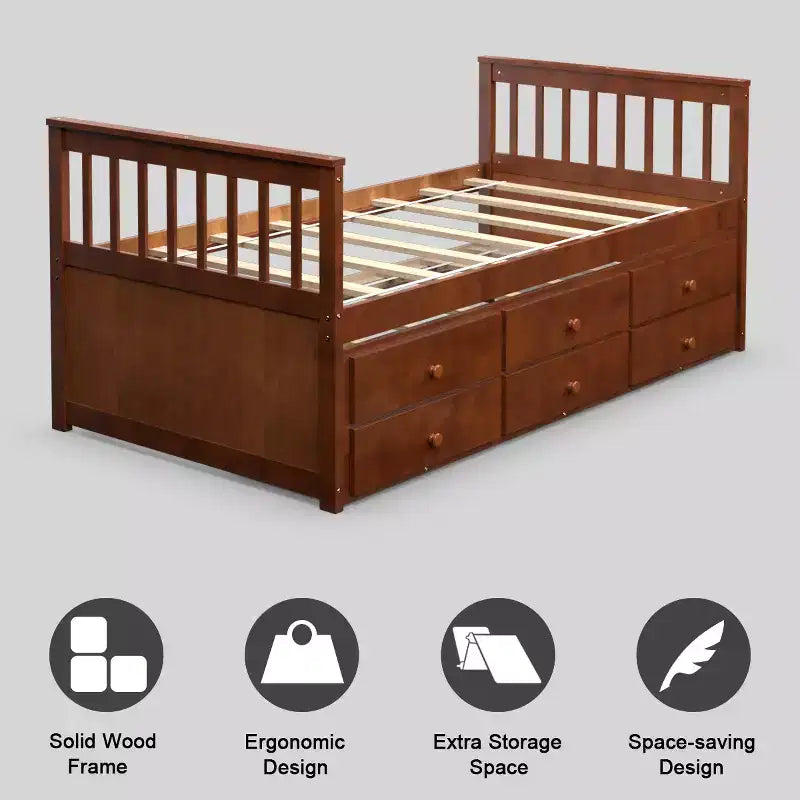 Letto a castello "Twin Captain" con rotelle e cassetti per bambini, disponibile nei colori noce, espresso e bianco.