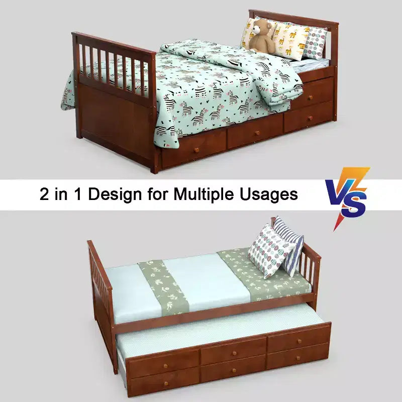 Letto a castello "Twin Captain" con rotelle e cassetti per bambini, disponibile nei colori noce, espresso e bianco.