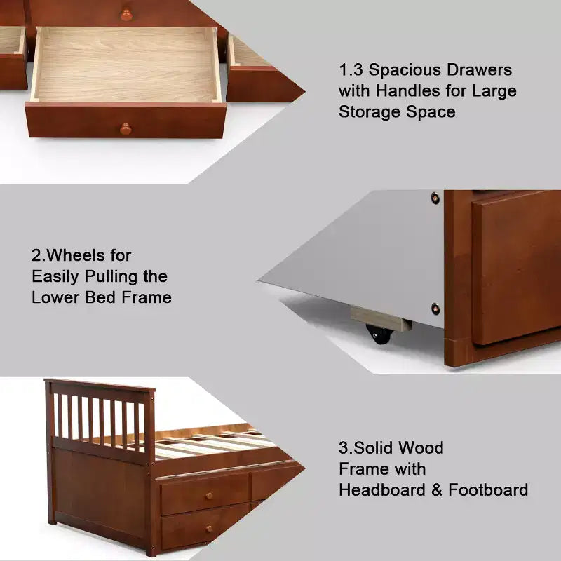 Letto a castello "Twin Captain" con rotelle e cassetti per bambini, disponibile nei colori noce, espresso e bianco.