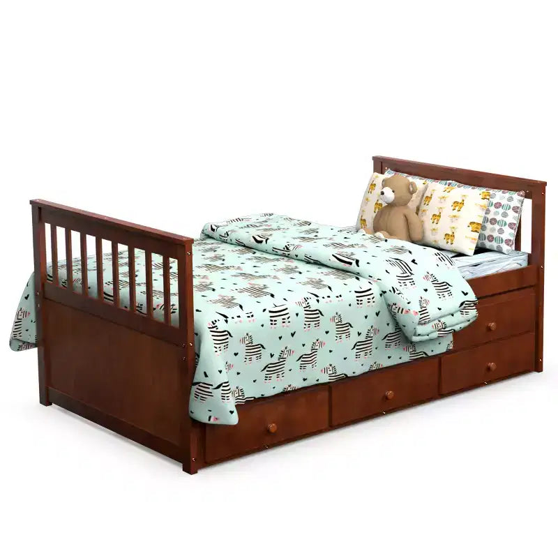 Letto a castello "Twin Captain" con rotelle e cassetti per bambini, disponibile nei colori noce, espresso e bianco.