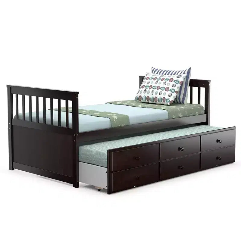 Letto a castello "Twin Captain" con rotelle e cassetti per bambini, disponibile nei colori noce, espresso e bianco.