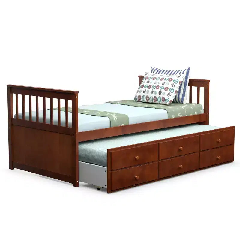 Letto a castello "Twin Captain" con rotelle e cassetti per bambini, disponibile nei colori noce, espresso e bianco.