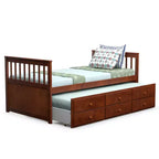 Letto a castello "Twin Captain" con rotelle e cassetti per bambini, disponibile nei colori noce, espresso e bianco.