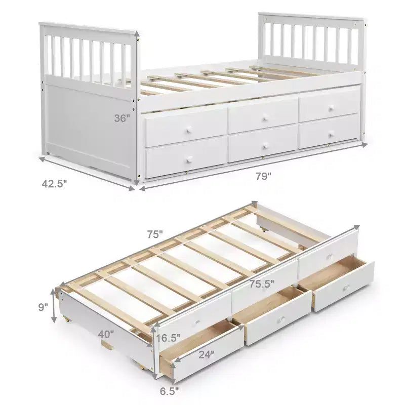 Letto a castello "Twin Captain" con rotelle e cassetti per bambini, disponibile nei colori noce, espresso e bianco.