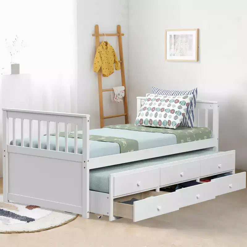 Letto a castello "Twin Captain" con rotelle e cassetti per bambini, disponibile nei colori noce, espresso e bianco.
