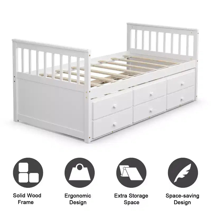 Letto a castello "Twin Captain" con rotelle e cassetti per bambini, disponibile nei colori noce, espresso e bianco.