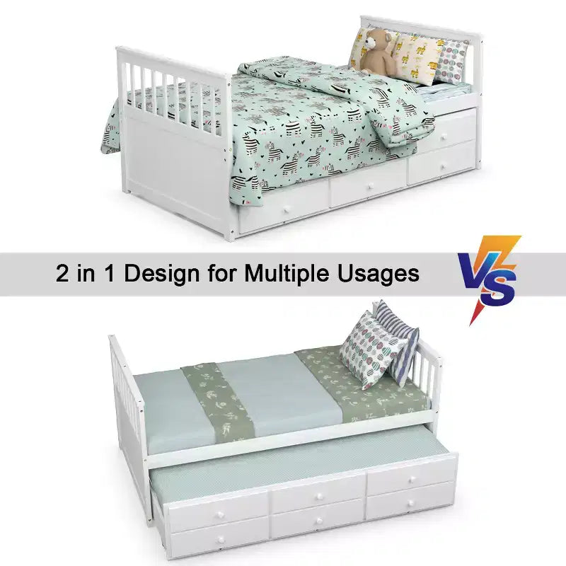 Letto a castello "Twin Captain" con rotelle e cassetti per bambini, disponibile nei colori noce, espresso e bianco.