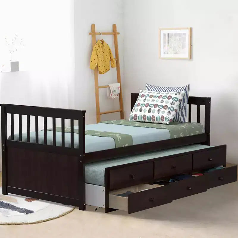 Letto a castello "Twin Captain" con rotelle e cassetti per bambini, disponibile nei colori noce, espresso e bianco.