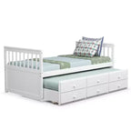 Letto a castello "Twin Captain" con rotelle e cassetti per bambini, disponibile nei colori noce, espresso e bianco.