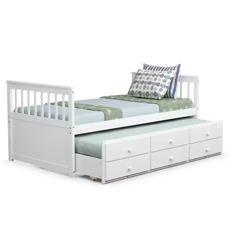 Letto a castello "Twin Captain" con rotelle e cassetti per bambini, disponibile nei colori noce, espresso e bianco.