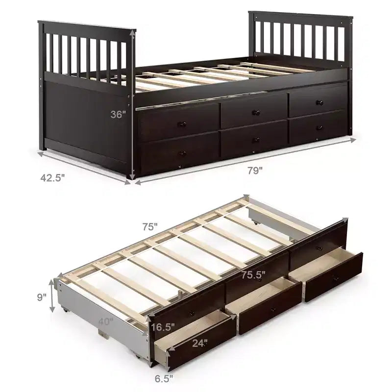 Letto a castello "Twin Captain" con rotelle e cassetti per bambini, disponibile nei colori noce, espresso e bianco.