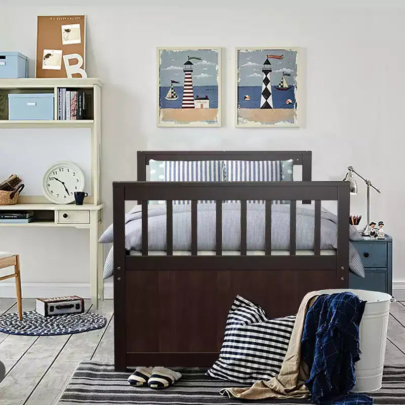Letto a castello "Twin Captain" con rotelle e cassetti per bambini, disponibile nei colori noce, espresso e bianco.