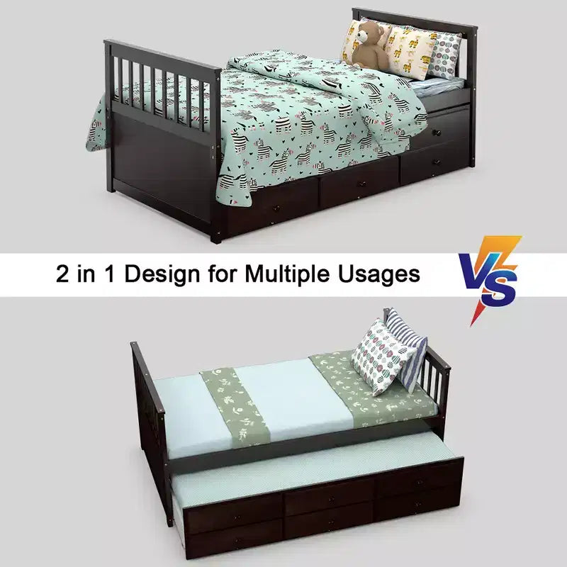 Letto a castello "Twin Captain" con rotelle e cassetti per bambini, disponibile nei colori noce, espresso e bianco.