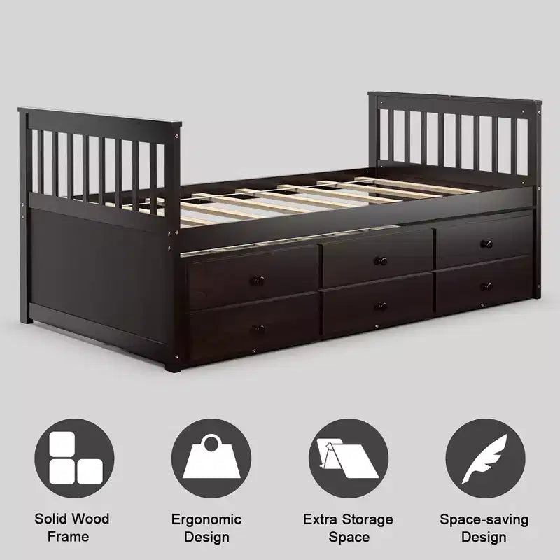 Letto a castello "Twin Captain" con rotelle e cassetti per bambini, disponibile nei colori noce, espresso e bianco.
