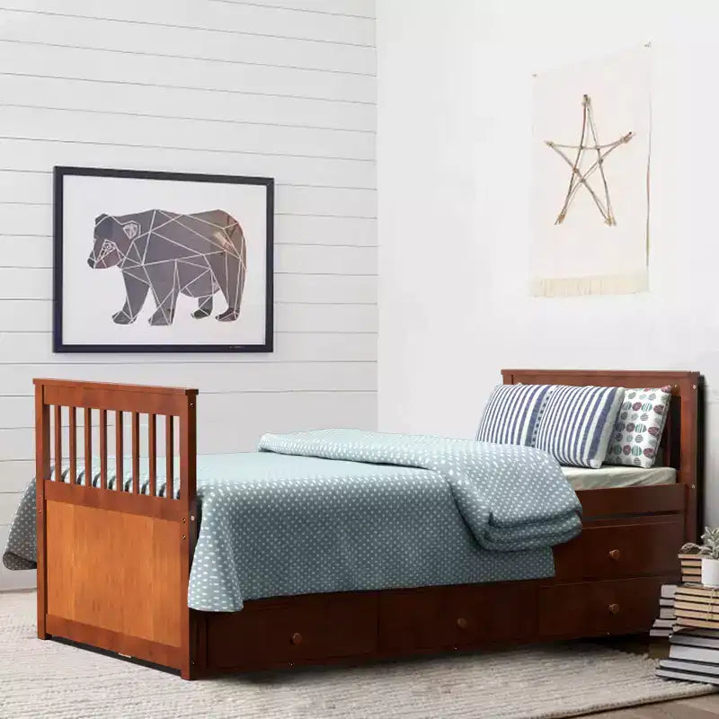 Letto a castello "Twin Captain" con rotelle e cassetti per bambini, disponibile nei colori noce, espresso e bianco.